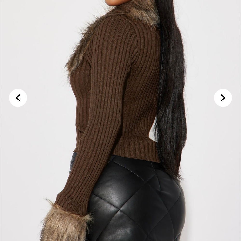 Fashion Nova Brown Faux Fur Trim Cardigan - Picture 2 of 3